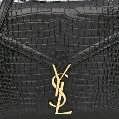 Calfskin Crocodile Embossed Medium Classic Monogram Cassandra Top Handle Black
