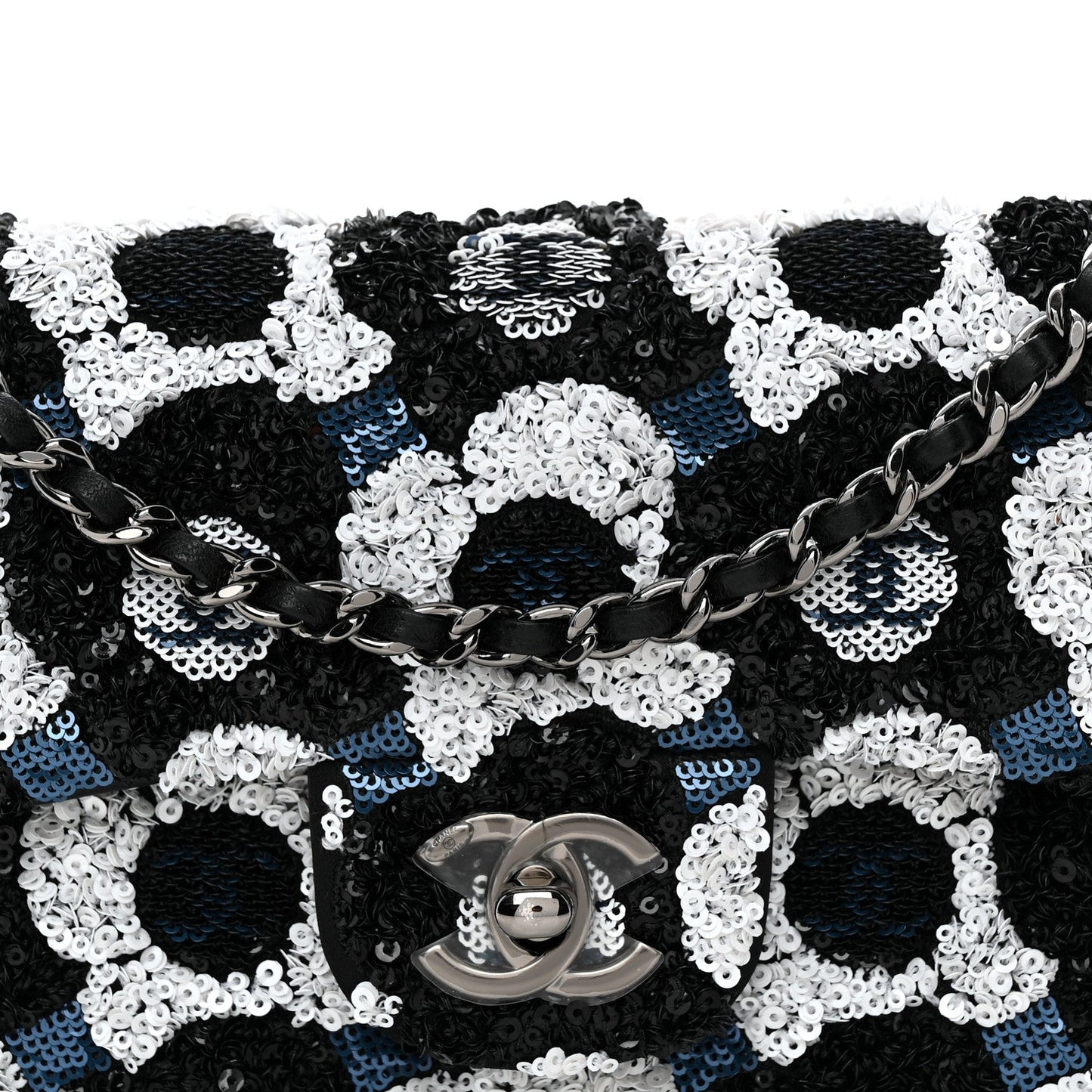 Satin Sequin Embellished Flower East West Flap Black White Blue