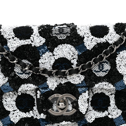 Satin Sequin Embellished Flower East West Flap Black White Blue