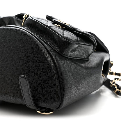 Shiny Caviar Quilted Medium Duma Pockets Drawstring Backpack Black
