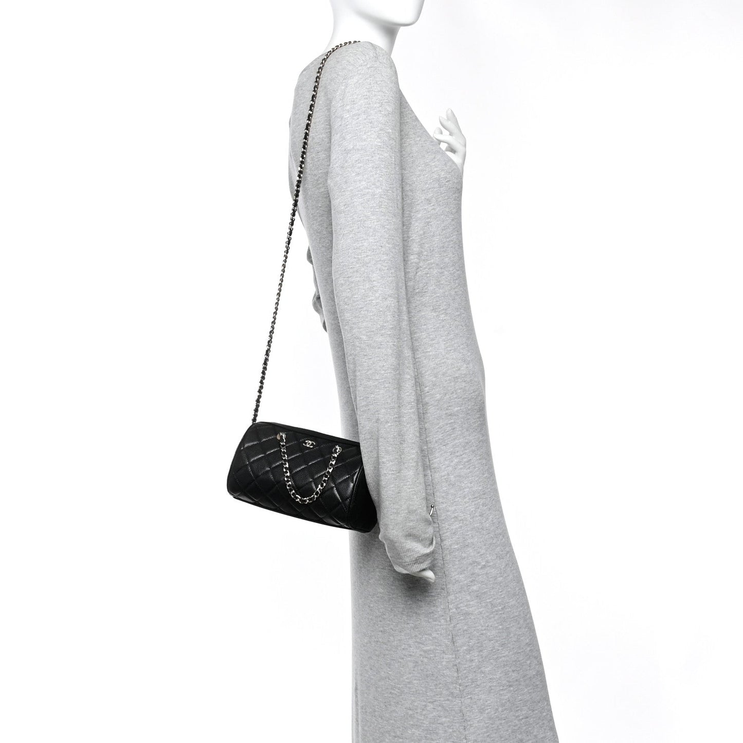 Caviar Quilted Barrel Clutch With Chain  Black