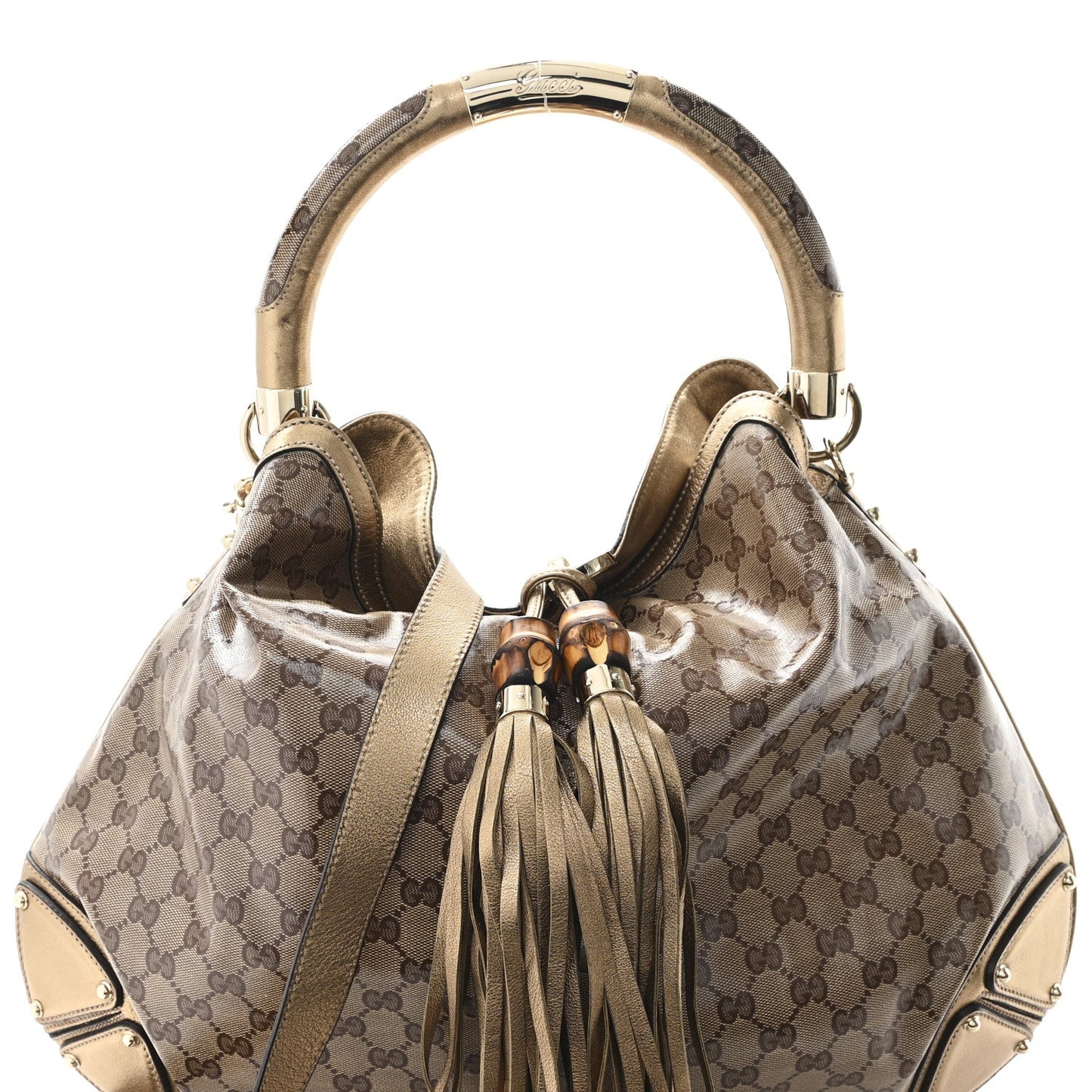 Crystal Monogram Metallic Calfskin Large Indy Top Handle Bag Beige Ebony Gold