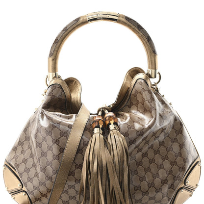 Crystal Monogram Metallic Calfskin Large Indy Top Handle Bag Beige Ebony Gold