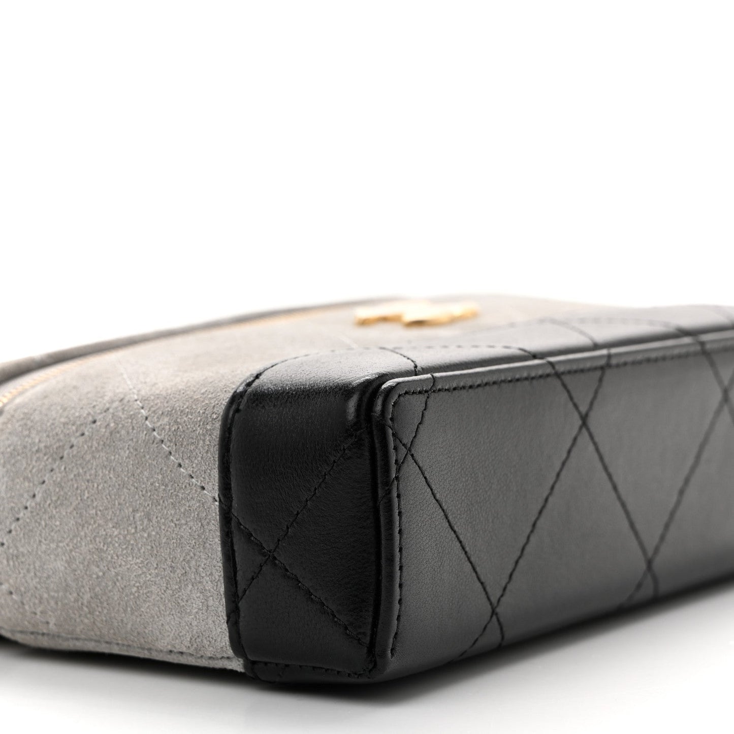 Suede Calfskin Shiny Lambskin Quilted Top Handle Slim Vanity Case With Chain Grey Black