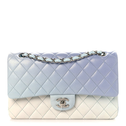 Perforated Lambskin Quilted Medium Double Flap Light Blue Light Purple White
