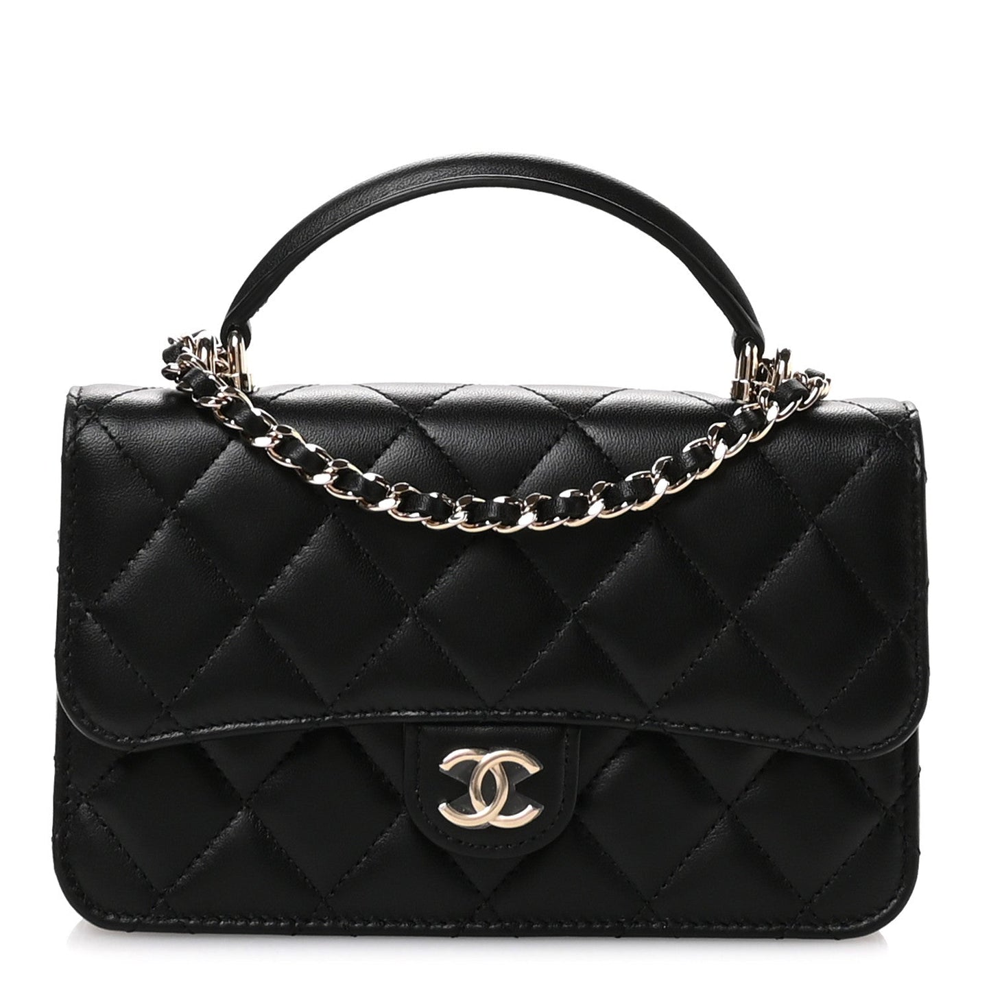 Lambskin Quilted Flap Phone Holder With Chain Black
