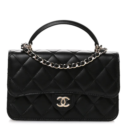 Lambskin Quilted Flap Phone Holder With Chain Black