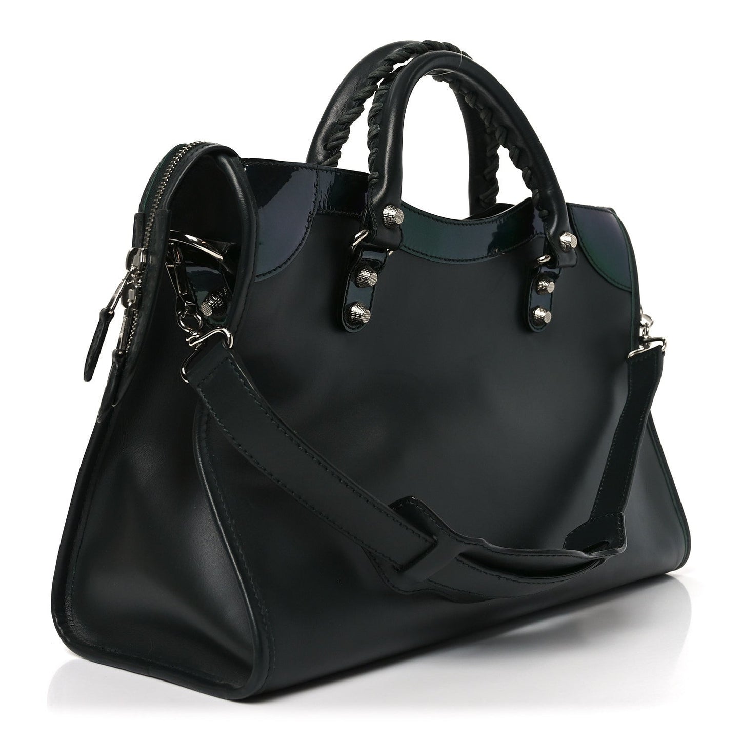 Smooth Calfskin Metallic Patent Giant 12 Silver Hardware City Vert Poker Fonce
