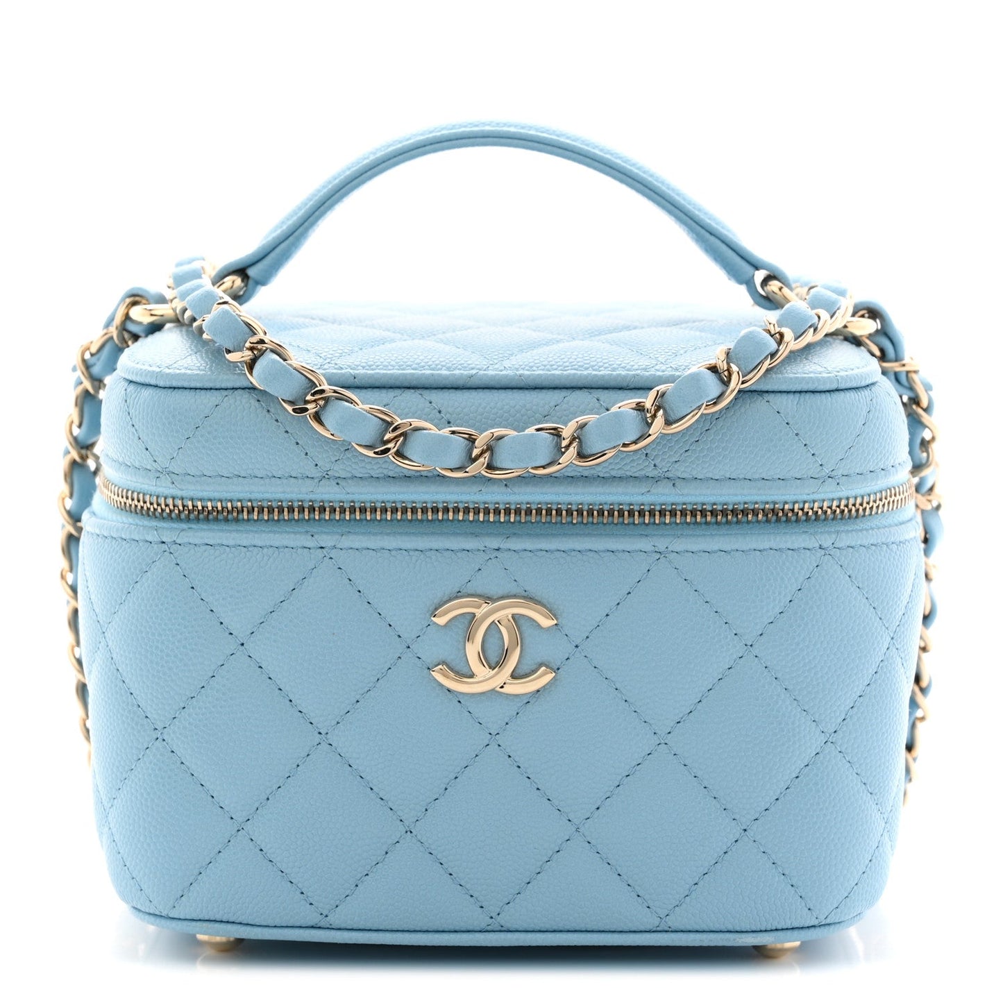 Caviar Quilted Top Handle Vanity Case With Chain Blue