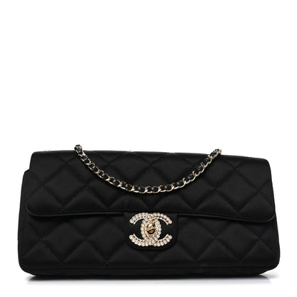 Satin Quilted Pearl CC Flap Clutch Black