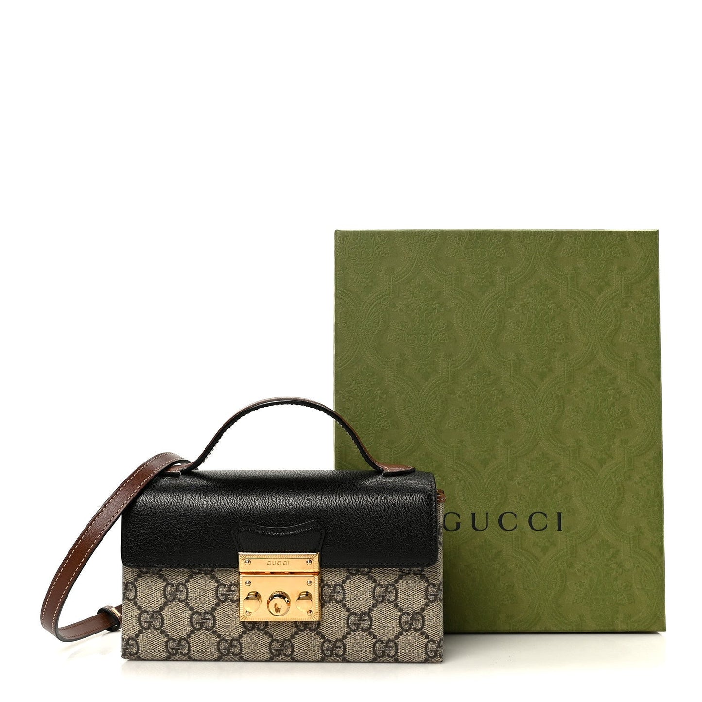 GG Supreme Monogram Calfskin Mini Padlock Top Handle Shoulder Bag Beige Black Cuir