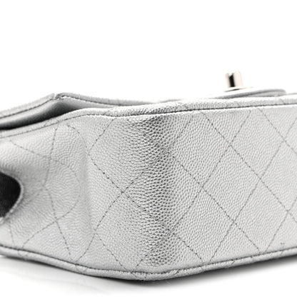 Metallic Caviar Quilted Mini Top Handle Rectangular Flap Silver