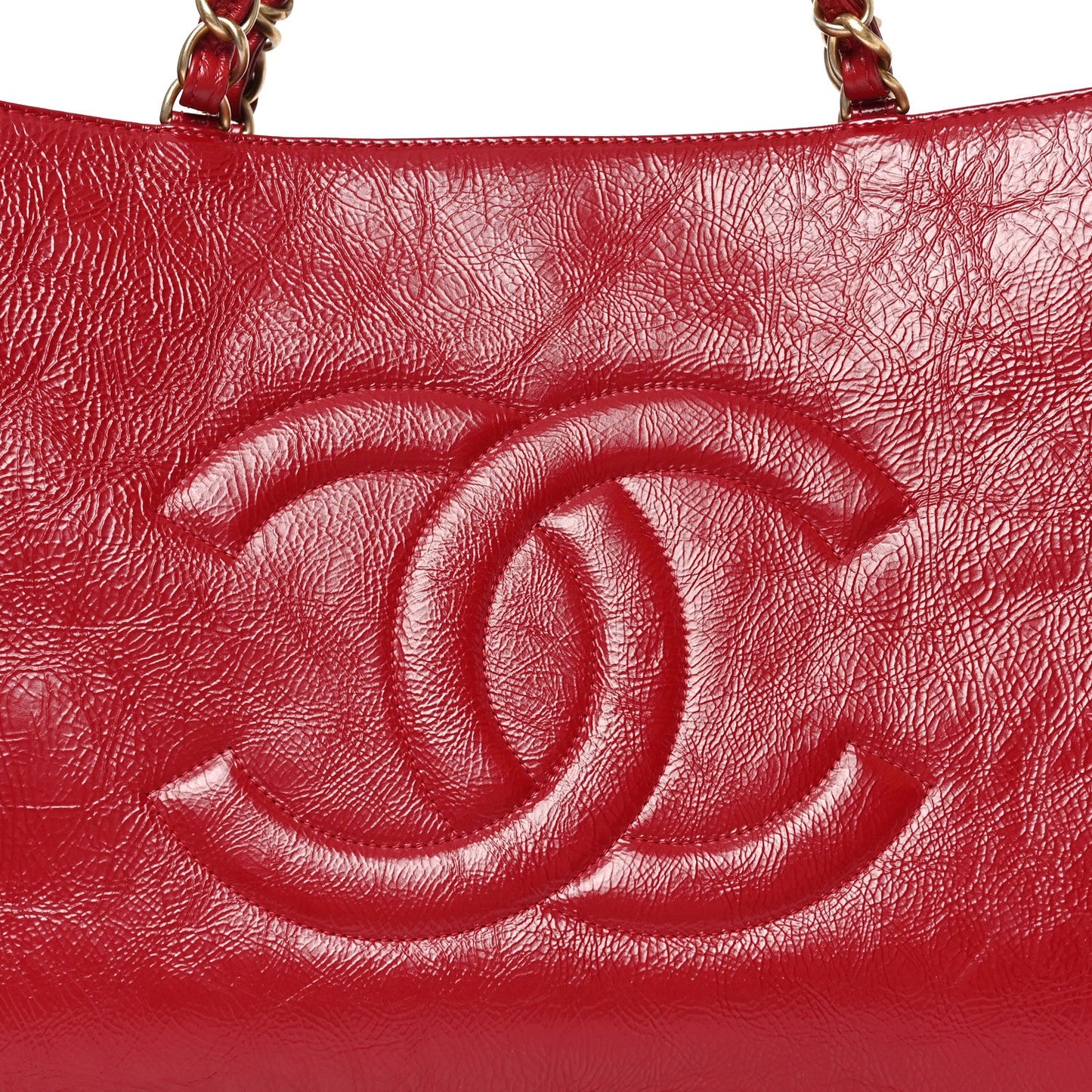 Shiny Aged Calfskin Shopping Bag Red