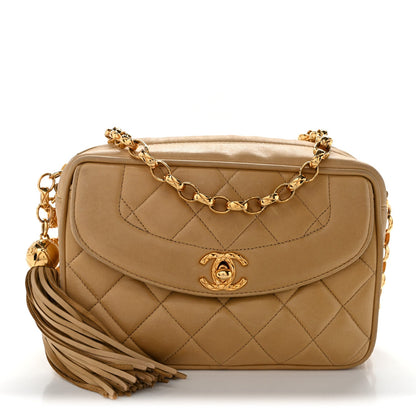 Lambskin Quilted Tassel Flap Camera Bag Light Beige