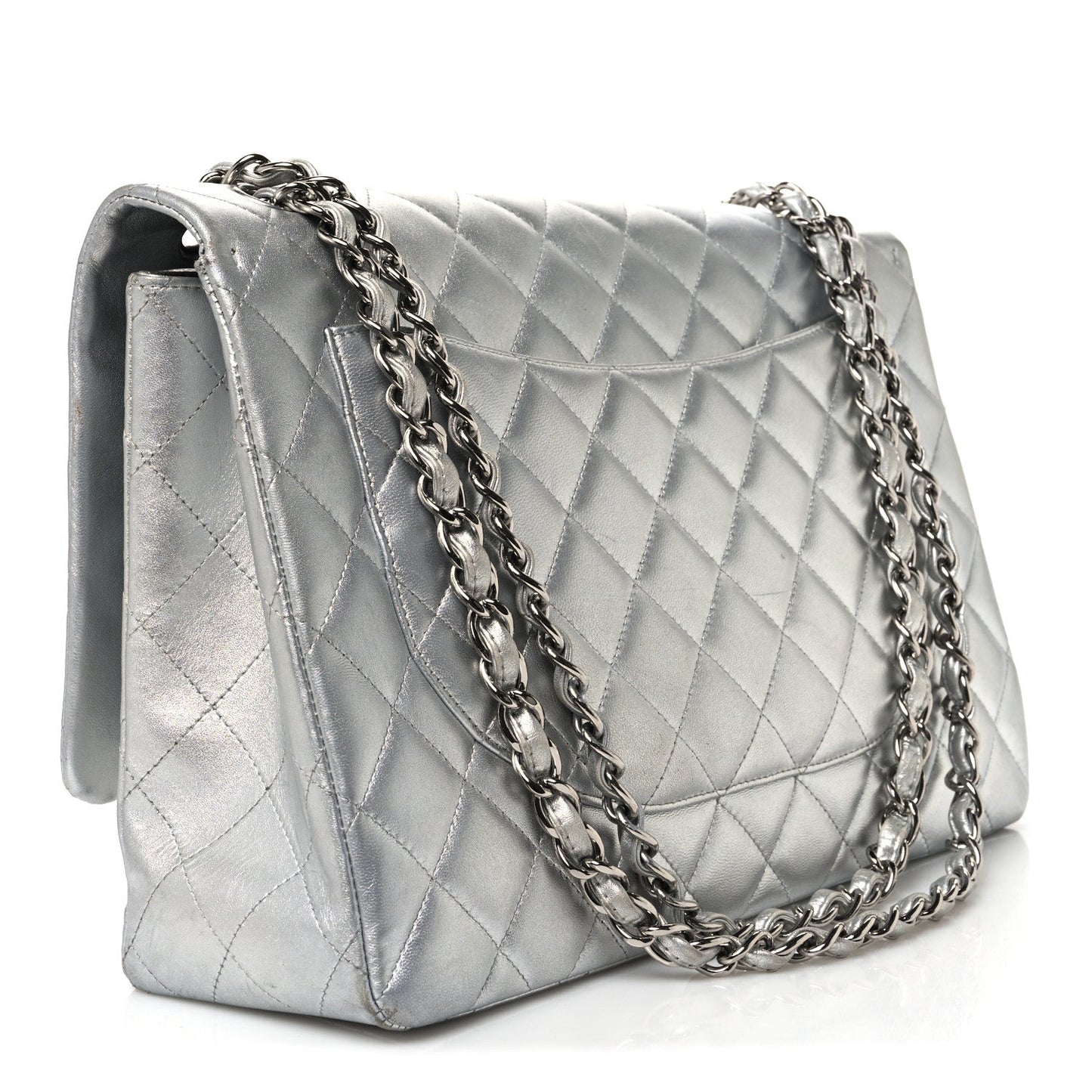 Metallic Lambskin Quilted Jumbo Single Flap Silver