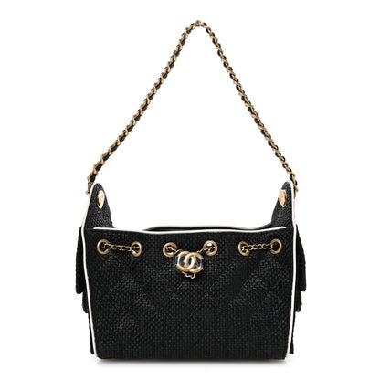 Braided Raffia Calfskin Quilted Mini Chanel 25 Handbag Black White