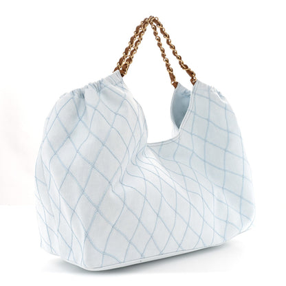Denim Calfskin Quilted Coco Beach Small Shopping Tote Light Blue Brown
