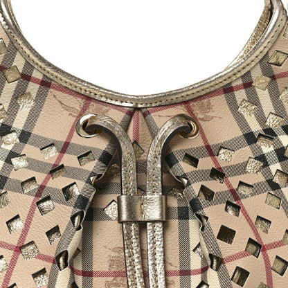 Haymarket Check Calfskin Claudia Drawstring Hobo Gold