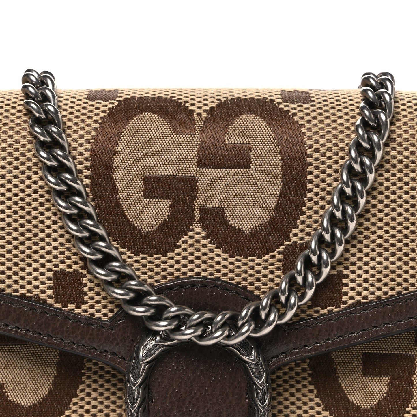 Monogram Jumbo GG Textured Dollar Calfskin Mini Dionysus Chain Wallet Camel Ebony New Acero