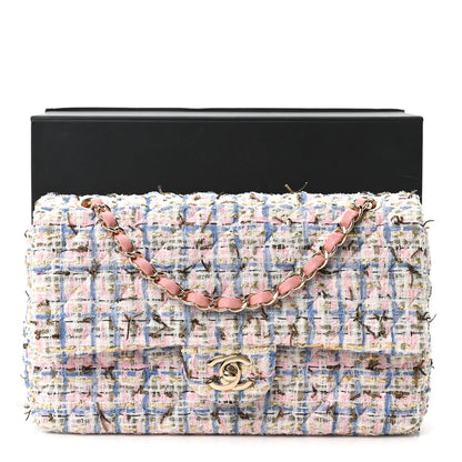 Tweed Quilted Medium Double Flap Blue Pink Gold White