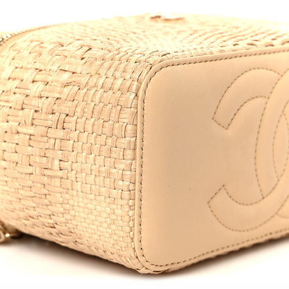 Braided Raffia Top Handle Slim Vanity Case With Chain Beige