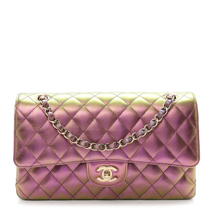 Iridescent Lambskin Quilted Medium Double Flap Purple