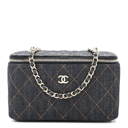 Denim Quilted Small Vanity Case With Chain Dark Blue Orange