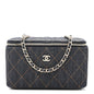 Denim Quilted Small Vanity Case With Chain Dark Blue Orange