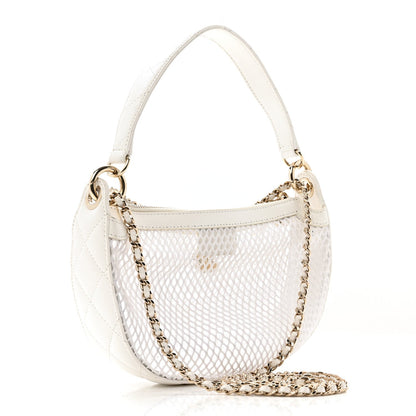 Mesh Shiny Lambskin Chain Hobo White
