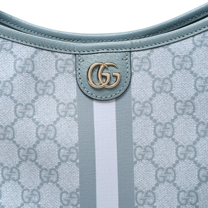 GG Supreme Monogram Textured Dollar Calfskin Web Small Ophidia Bucket Shoulder Bag Dusty Blue