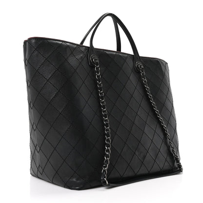 Calfskin Stitched Large Shopping Tote Black