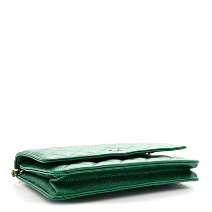 Metallic Caviar Quilted Wallet On Chain WOC Green