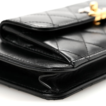 Lambskin Quilted Front Pocket Clutch With Chain Black