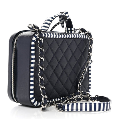 Caviar Quilted Striped Medium CC Filigree Vanity Case Navy White