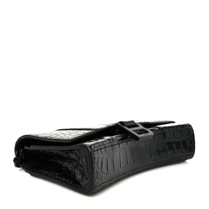 Shiny Calfskin Monochrome Crocodile Embossed Hourglass Chain Bag Black