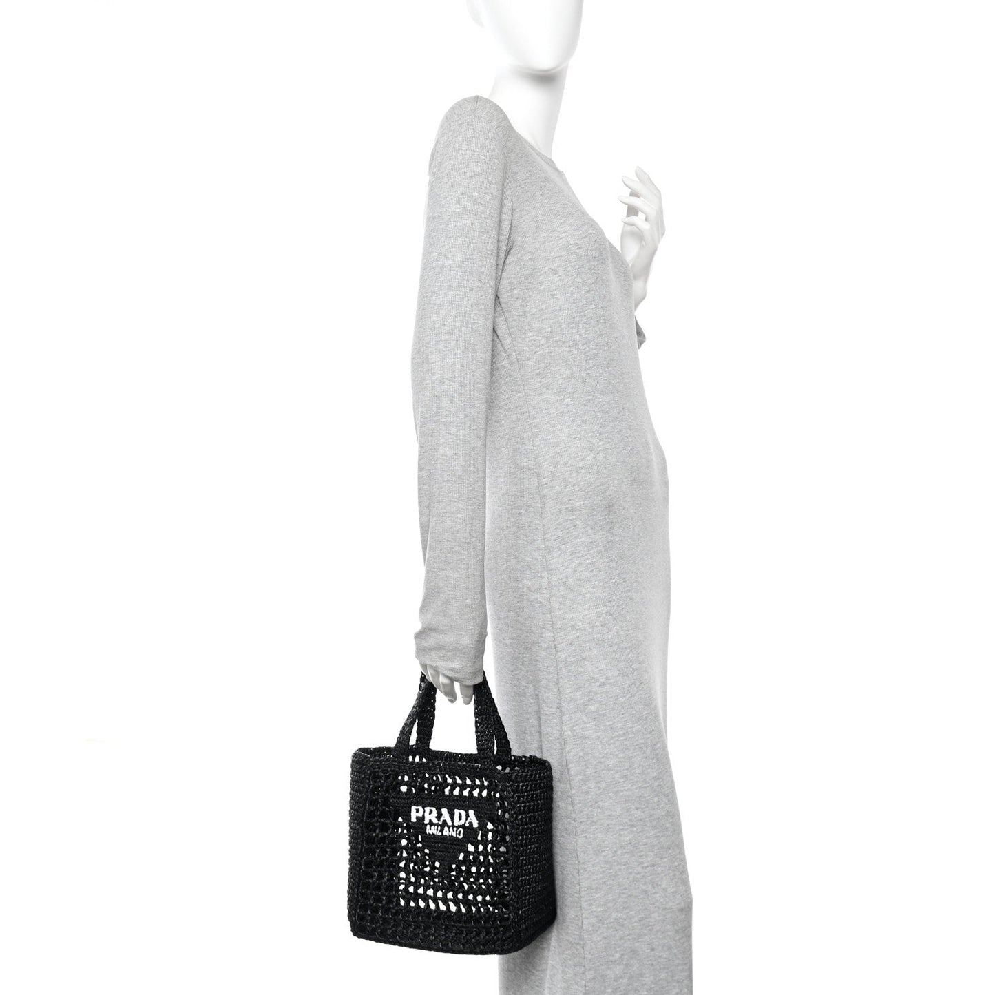 Yarn Raffia Effect Crochet Logo Embroidered Small Tote Bag Black
