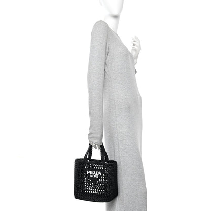 Yarn Raffia Effect Crochet Logo Embroidered Small Tote Bag Black