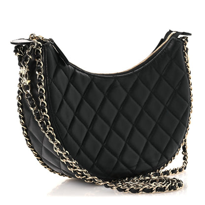 Lambskin Quilted Small Hobo Bag Black