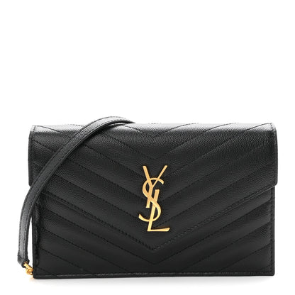 Grain De Poudre Matelasse Chevron Monogram Envelope Chain Wallet Black