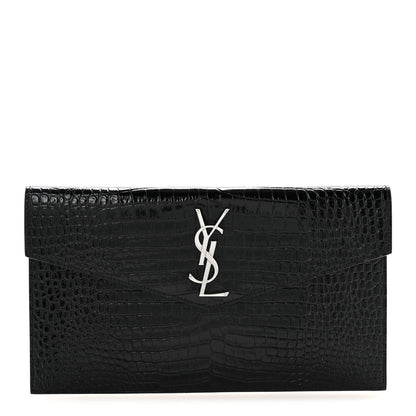 Calfskin Crocodile Embossed Uptown Monogram Clutch Black
