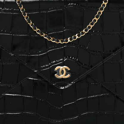 Calfskin Crocodile Embossed Croc Illusion Clutch With Chain  Black