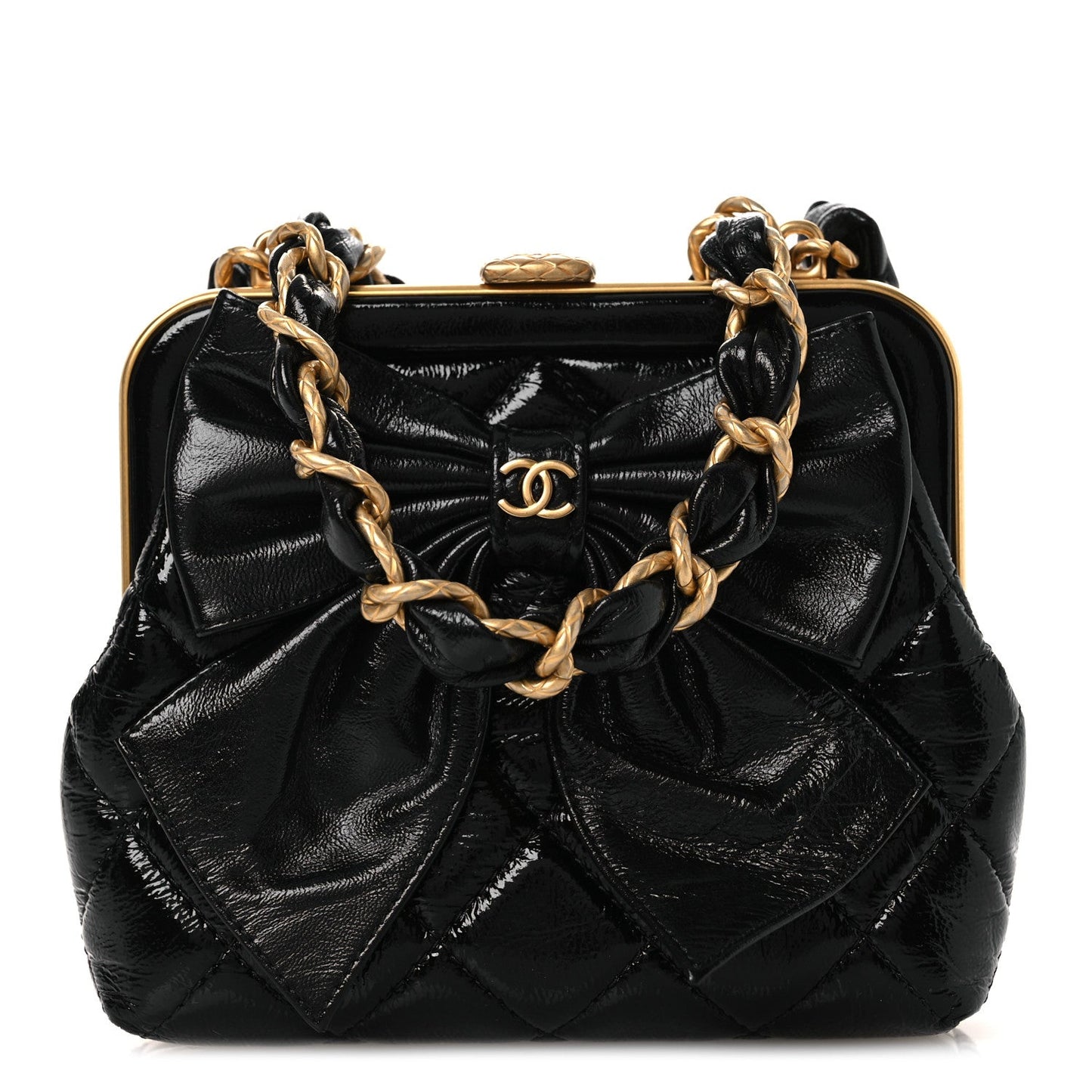 Patent Crumpled Lambskin Quilted Maxi Bow Clutch With Chain Black
