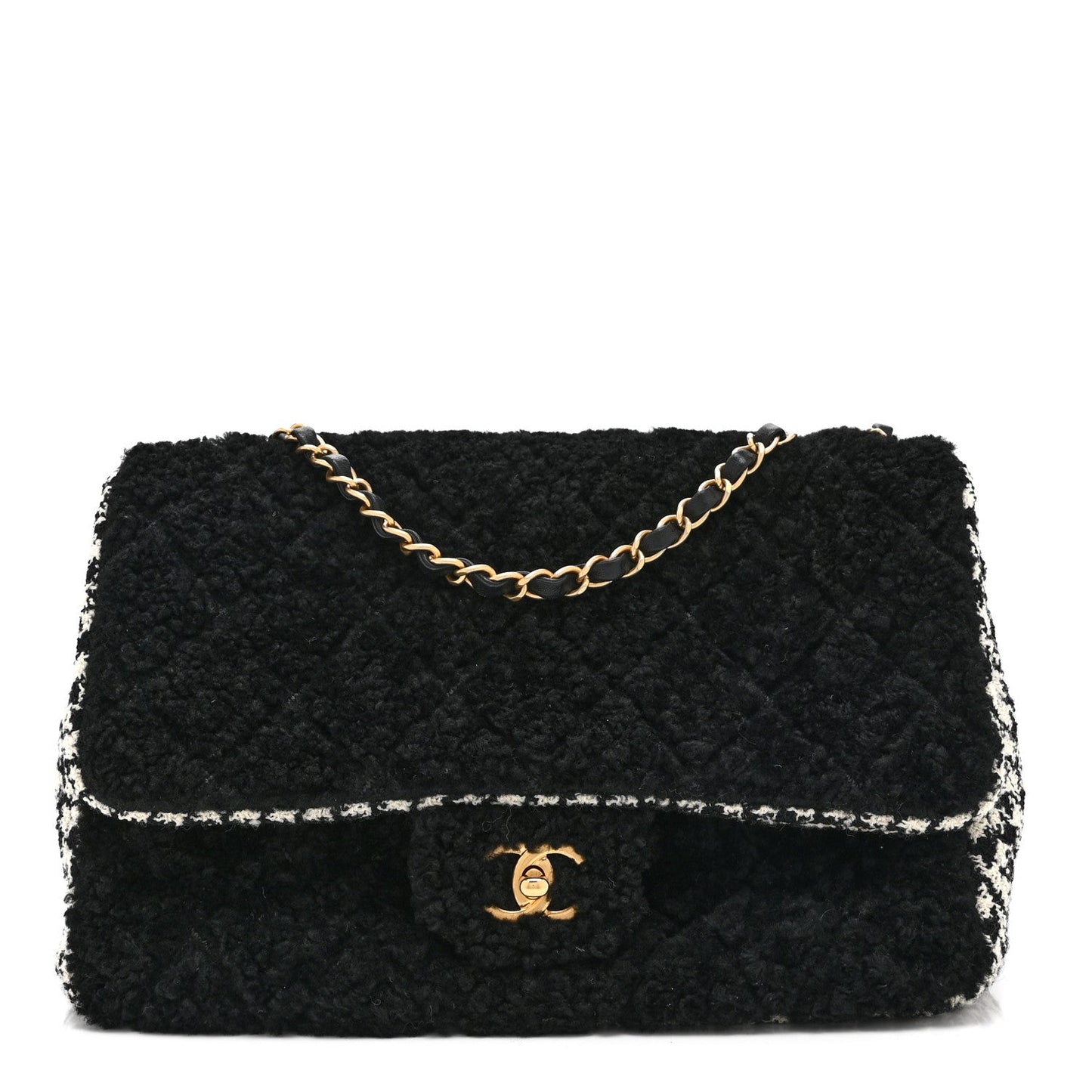 Shearling Tweed Jumbo Single Flap Black White