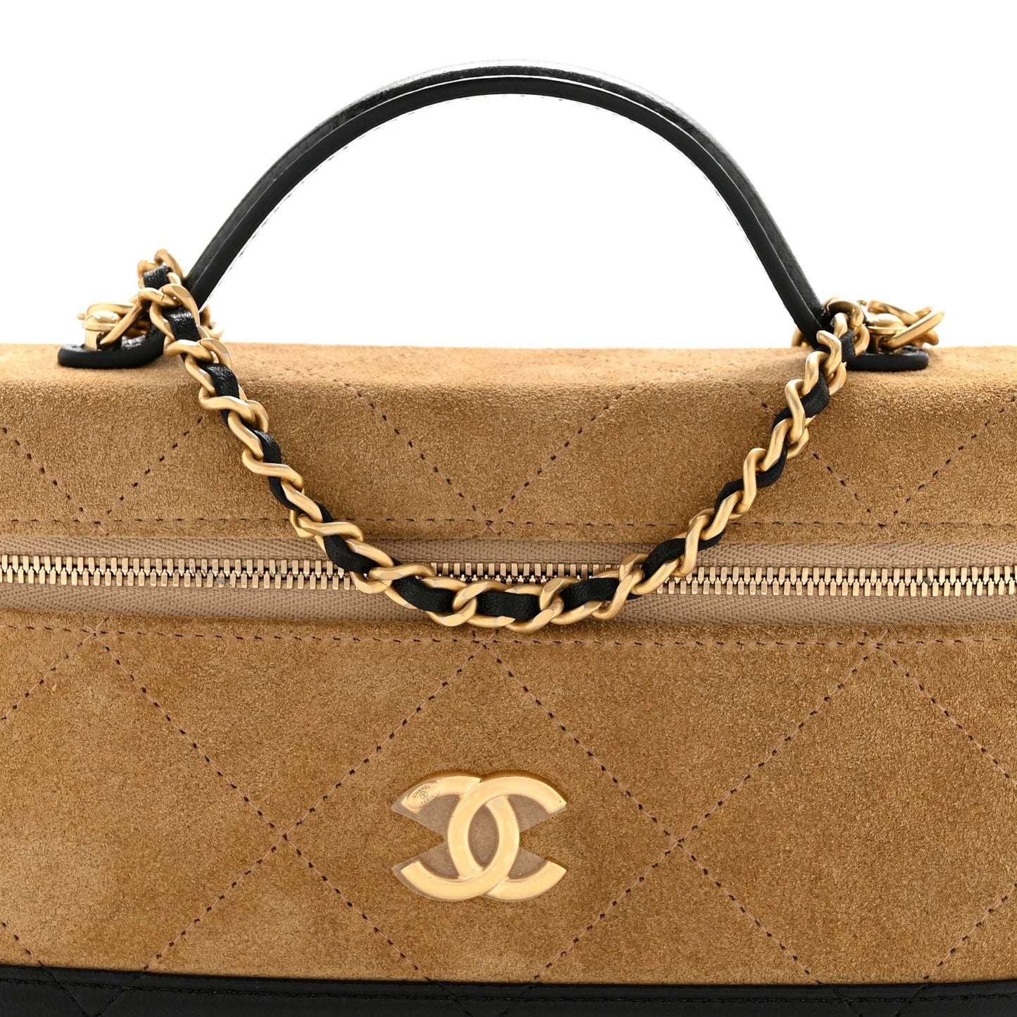 Suede Calfskin Shiny Lambskin Quilted Top Handle Slim Vanity Case With Chain Beige Black