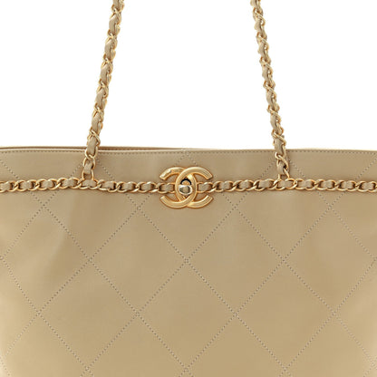 Calfskin Stitched Small Shopping Tote Dark Beige