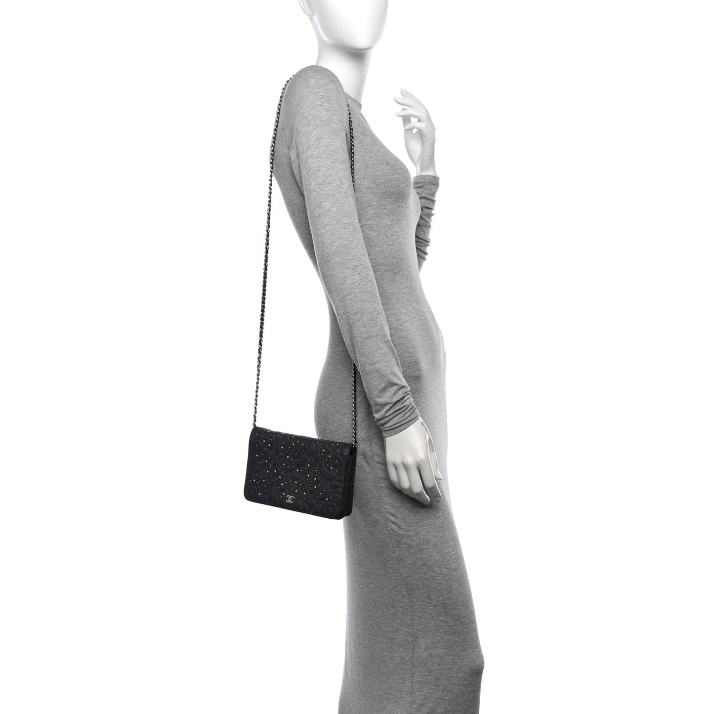 Lambskin Camellia Studded Wallet on Chain WOC Grey