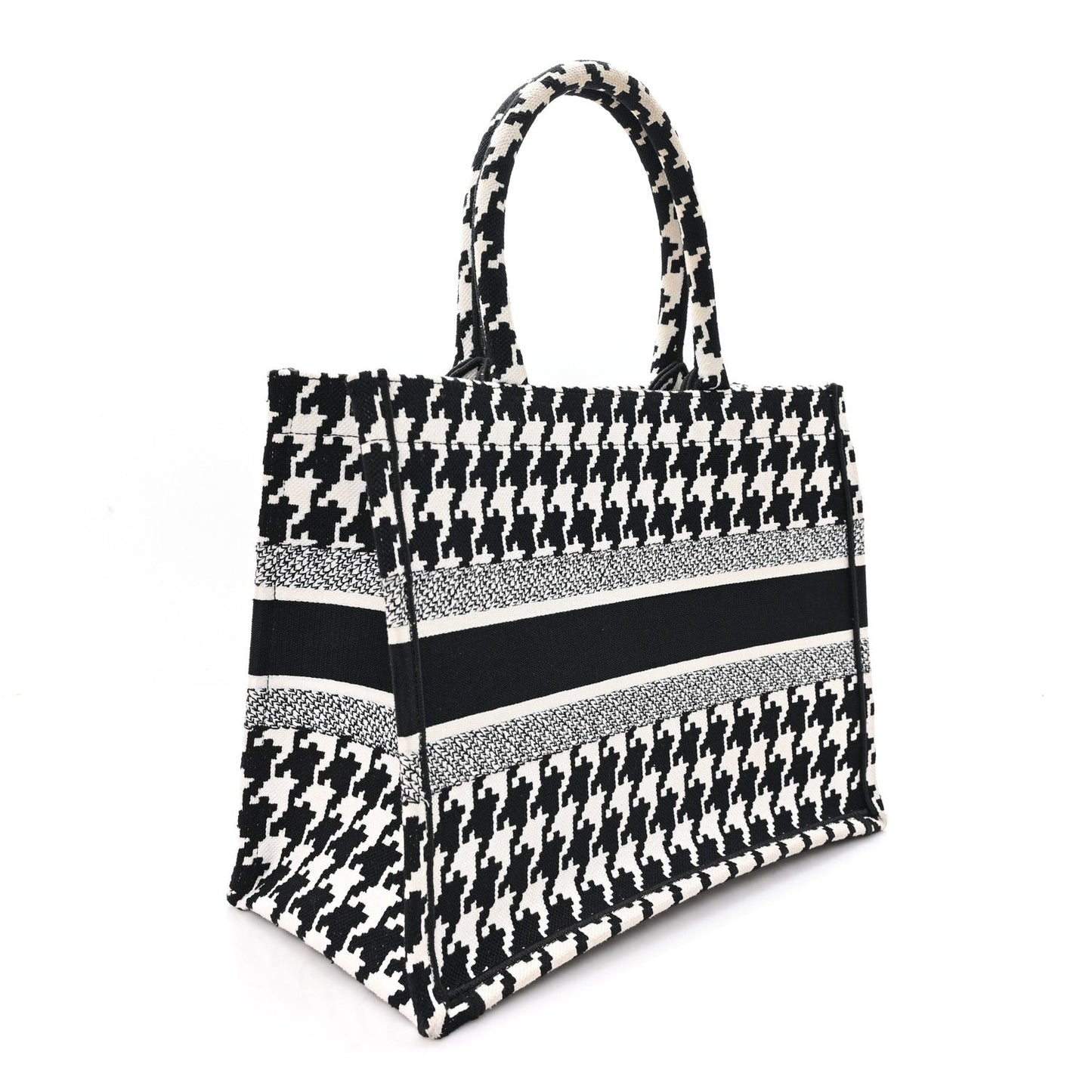 Canvas Macro Houndstooth Embroidered Medium Book Tote Black White