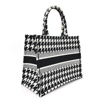 Canvas Macro Houndstooth Embroidered Medium Book Tote Black White
