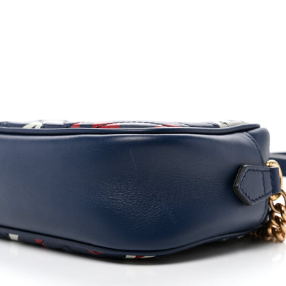 Calfskin Matelasse GucciGhost Small GG Marmont Chain Shoulder Bag Blue Agata Hibiscus Red