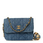 Denim Quilted CC Pearl Crush Clutch With Chain Blue